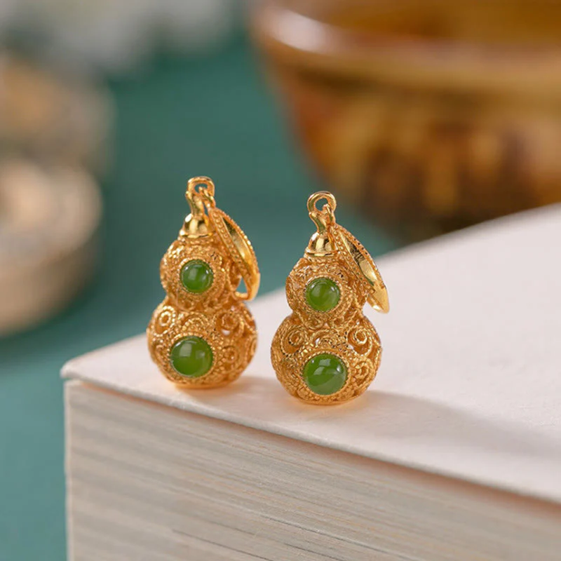 Buddha Stones Copper Hollow Gourd Jade Prosperity Earrings