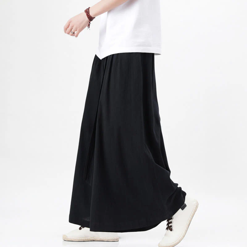 Buddha Stones Spring Casual Sports Drawstring Design Men's Cotton Linen Wide Leg Pants With Pockets