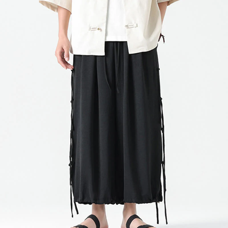 Buddha Stones Casual Loose Lanyard Design Waist Rope Men's 7-8 Length Spandex Pants With Pockets