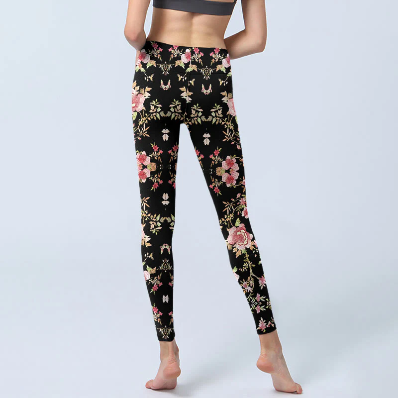 Buddha Stones Rose Flower Leaf Print Gym Leggings Women's Yoga Pants