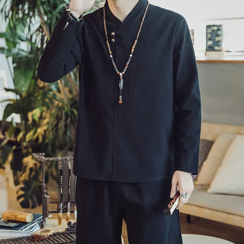 Buddha Stones 2Pcs Cotton Shirt Ankle-Length Pants With Pockets Men's Meditation Cloth Set