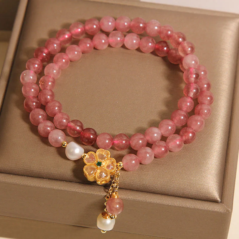 Buddha Stones Strawberry Quartz Four Leaf Clover Double Wrap Design Positive Bracelet