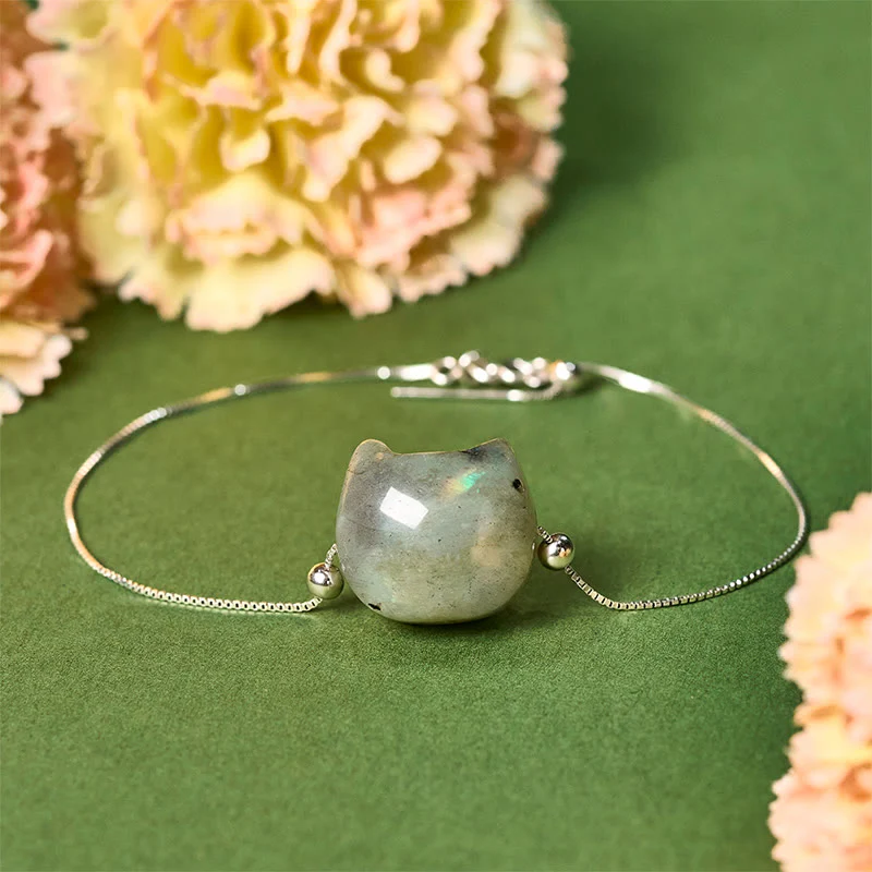 Buddha Stones 925 Sterling Silver Faceless Cat Head Natural Labradorite Healing Bracelet