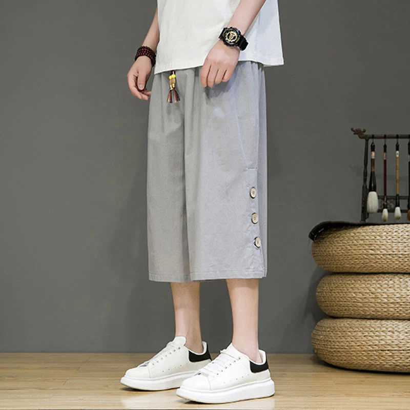 Buddha Stones Casual Plain Side Button Design Drawstring Men's Cotton Cropped Pants With Pockets