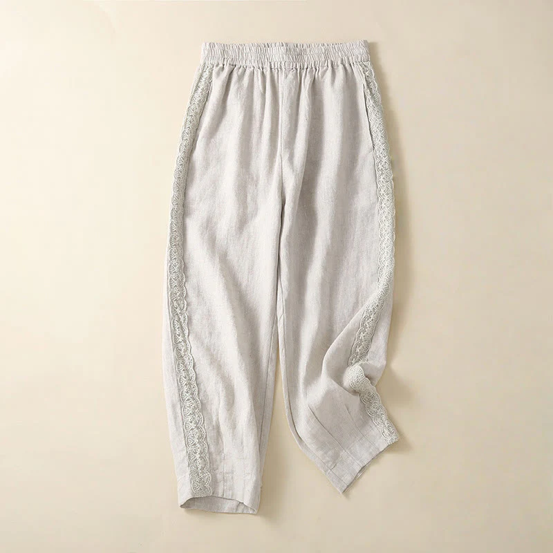 Buddha Stones Plain Lace Women's Harem Cotton Linen Pants With Pockets