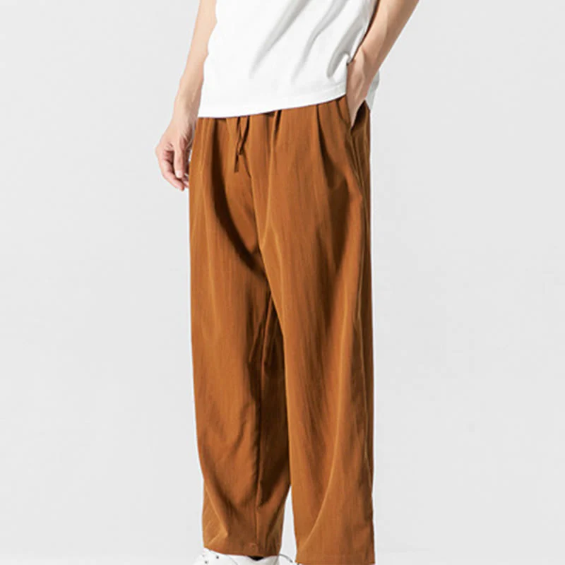 Buddha Stones Summer Casual Plain Straight Leg Design Men's Cotton Linen Drawstring Pants With Pockets