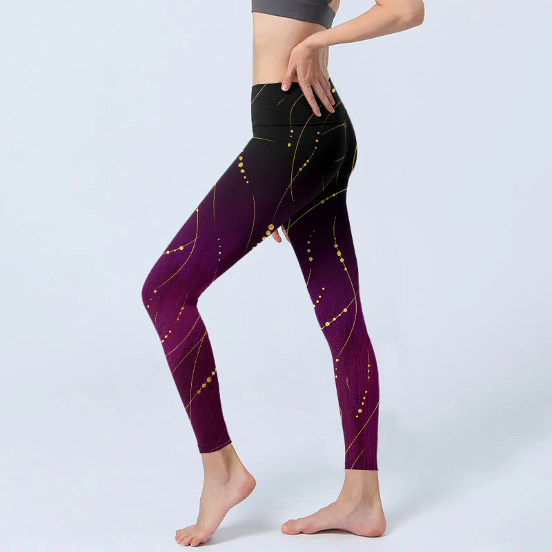Buddha Stones Abstract Gradient Thin And Long Gold Line Pattern Print Gym Leggings Women's Yoga Pants