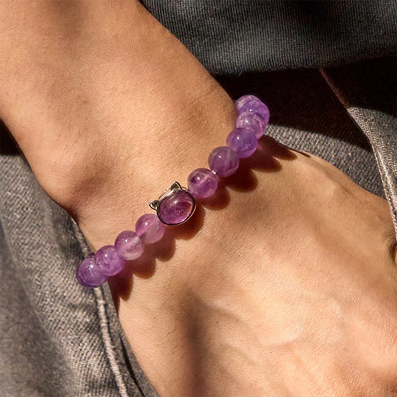 Buddha Stones Natural Amethyst Bead Cute Cat Healing Bracelet