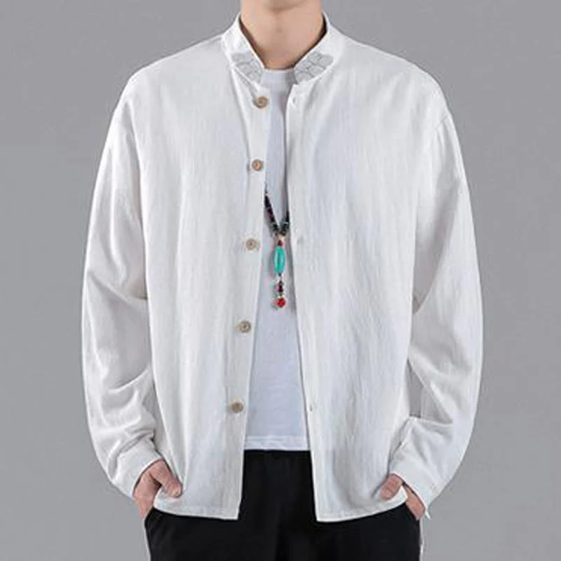 Buddha Stones Embroidered Auspicious Clouds Stand Collar Button Down Long Sleeve Men's Cotton Shirt