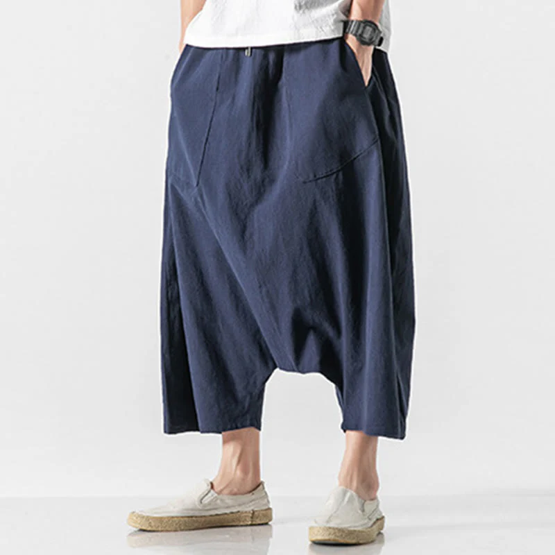 Buddha Stones Casual Low Crotch Design Drawstring Men's 7-8 Length Cotton Linen Wide Leg Pants With Pockets