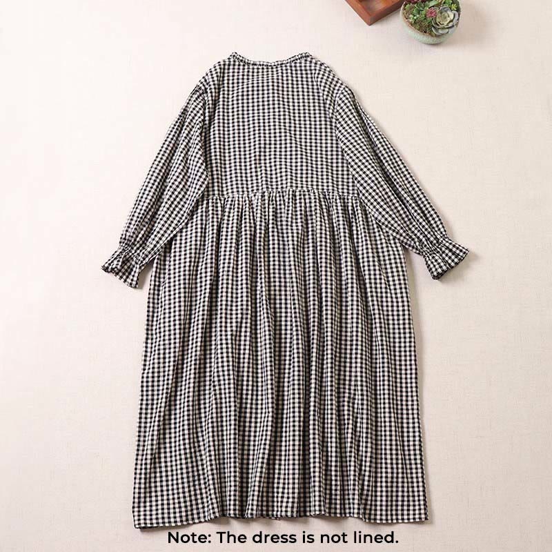 Buddha Stones Casual Plaid Simple Buttons Ruffled Design Cotton Linen Midi Dress With Pockets