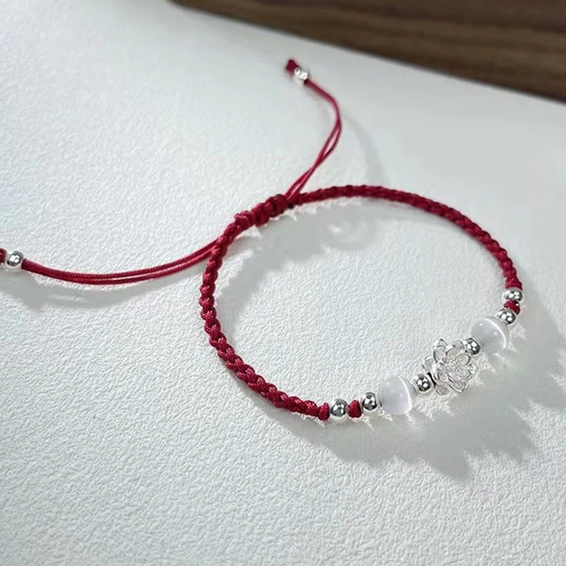 Buddha Stones 999 Sterling Silver Lotus Design Cat's Eye Bead Protection String Bracelet