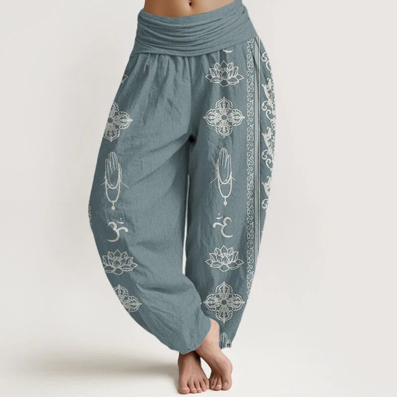 Buddha Stones Lotus Flowers Double Dorje Vajra Namaste Om Design Women's Elastic Waist Harem Pants