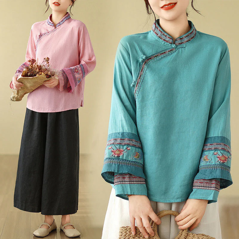 Buddha Stones Embroidered Slanted Buttons Cotton Linen Women's Shirt