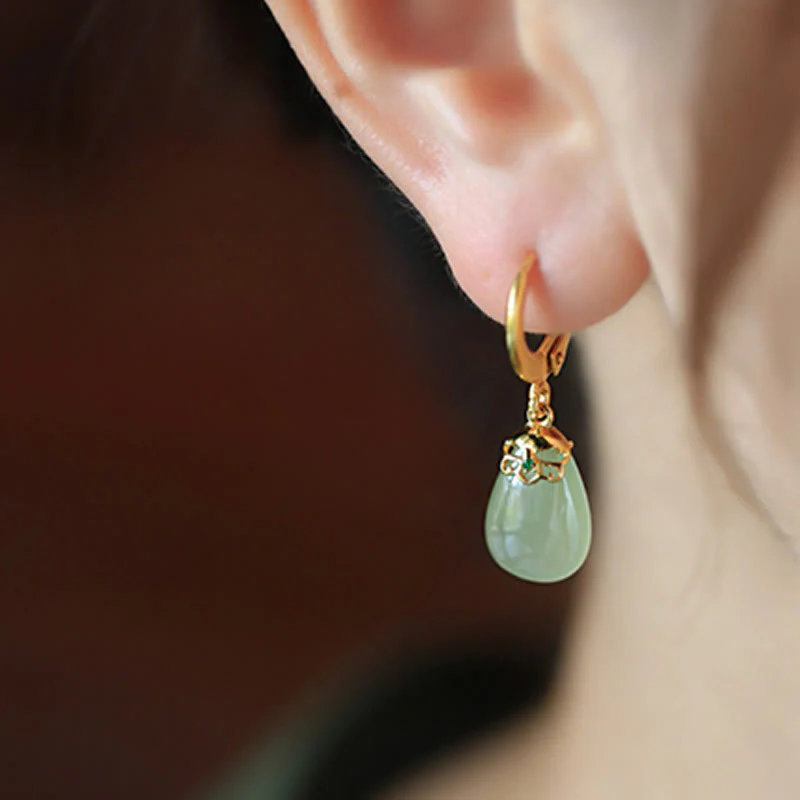 Buddha Stones Green Chalcedony Water Drop Strength Copper Posts Earrings