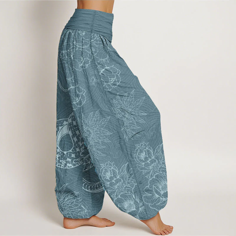 Buddha Stones Pure Cotton Snake Lotus Women's Elastic Waist Harem Pants