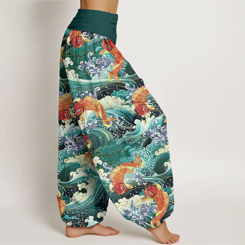 Buddha Stones Casual Koi Fish Ocean Waves Pattern Women's Elastic Waist Harem Pants