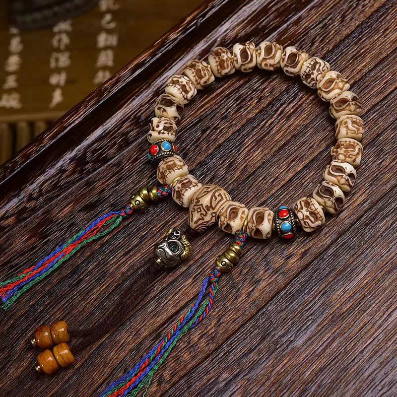 Buddha Stones Tibetan Camel Bone Garuda Carved Protection Tassel Bracelet