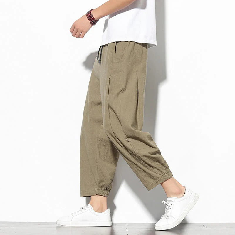 Buddha Stones Summer Men's 7-8 Length Cotton Linen Carrot Pants With Pockets