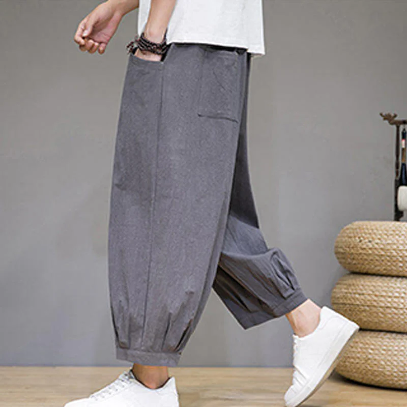 Buddha Stones Simple Cotton Men's Cropped Capri Harem Pants With Pockets