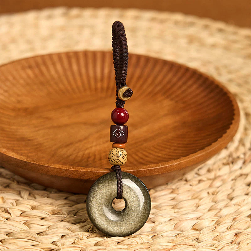 Buddha Stones Natural Gold Sheen Obsidian Peace Buckle Strengthen Key Chain