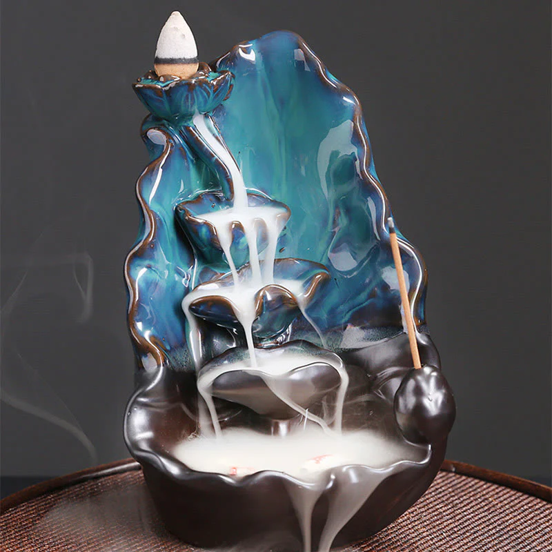 Buddha Stones Blue Lotus Leaf Ceramic Backflow Smoke Fountain Spiritual Incense Burner Decoration
