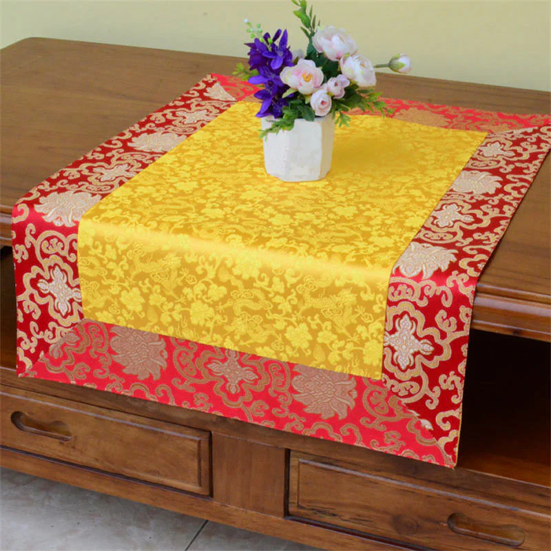 Buddha Stones Brocade Prayer Altar Flower Vajra Dragon Pattern Auspicious Symbols Table Runner