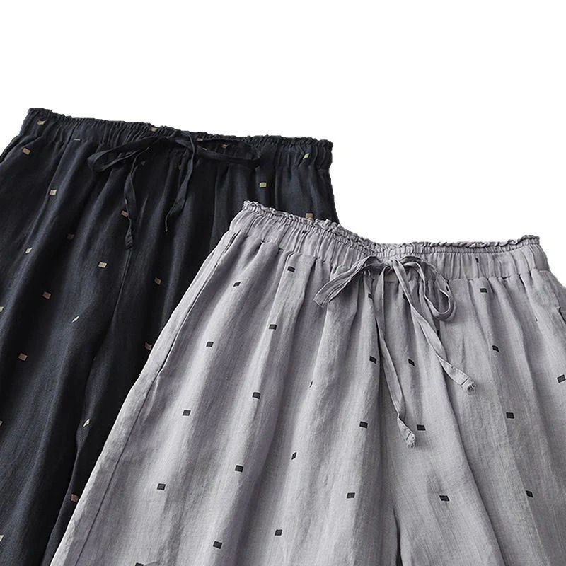 Buddha Stones Summer Casual Polka Dot Pattern Design Cotton Linen Women's Wide Leg Pants With Pockets