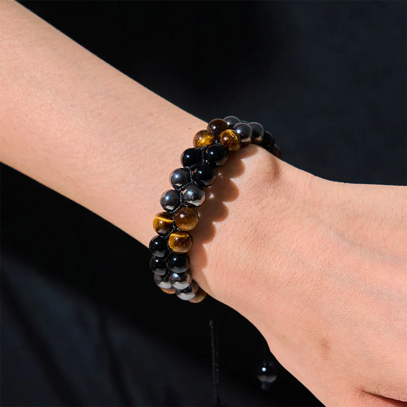 Buddha Stones Natural Tiger Eye Black Magnetite Black Onyx Double Row Beads Protection Bracelet