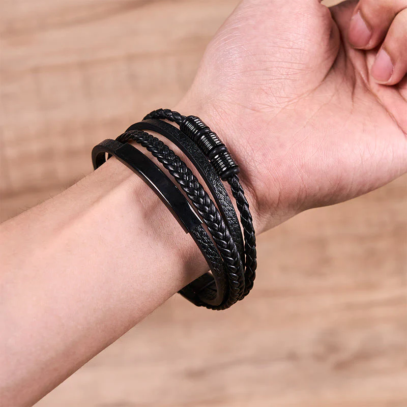 Buddha Stones Fashion Titanium Steel Leather Hand Woven Magnetic Buckle Strengthen Bracelet