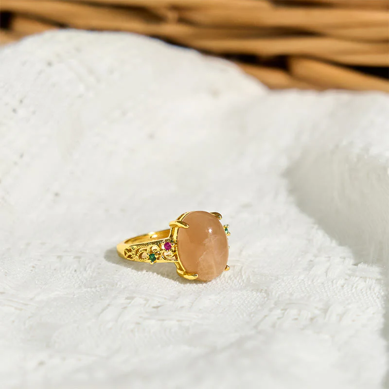 Buddha Stones Hollow Vine Design Peach Moonstone Adjustable Happiness Ring