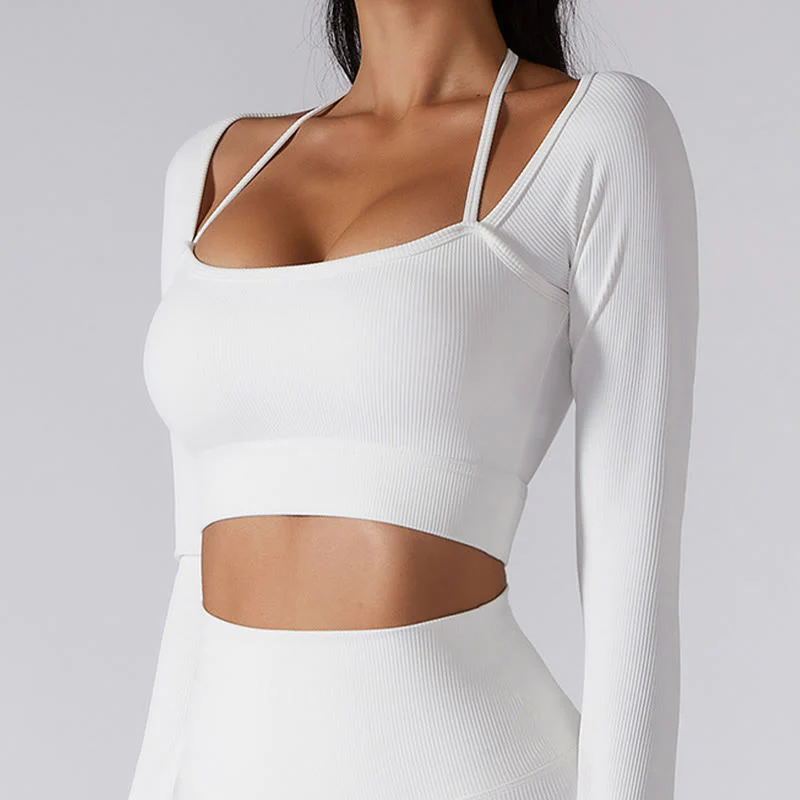 Buddha Stones Ribbed Long Sleeve Crop Top T-shirt Shorts Sports Fitness Gym Yoga Outfits