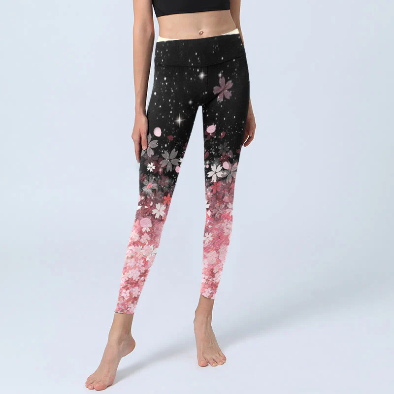 Buddha Stones Pink Cherry Blossoms Print Exercise Leggings Women's Yoga Pants