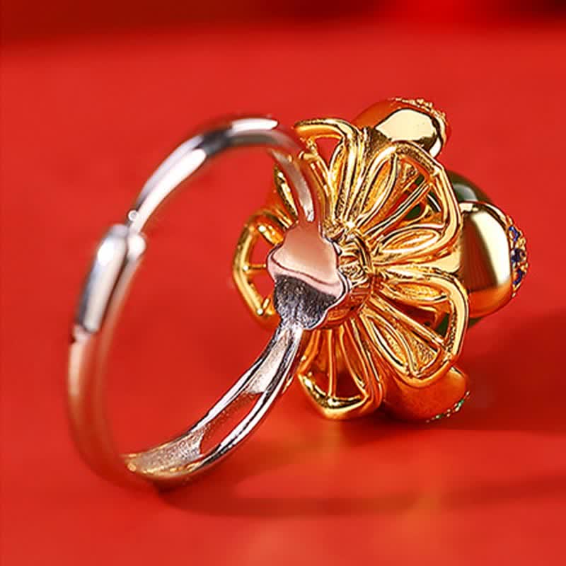 Buddha Stones 925 Sterling Silver White Jade Cyan Jade Lotus Flower Success Ring