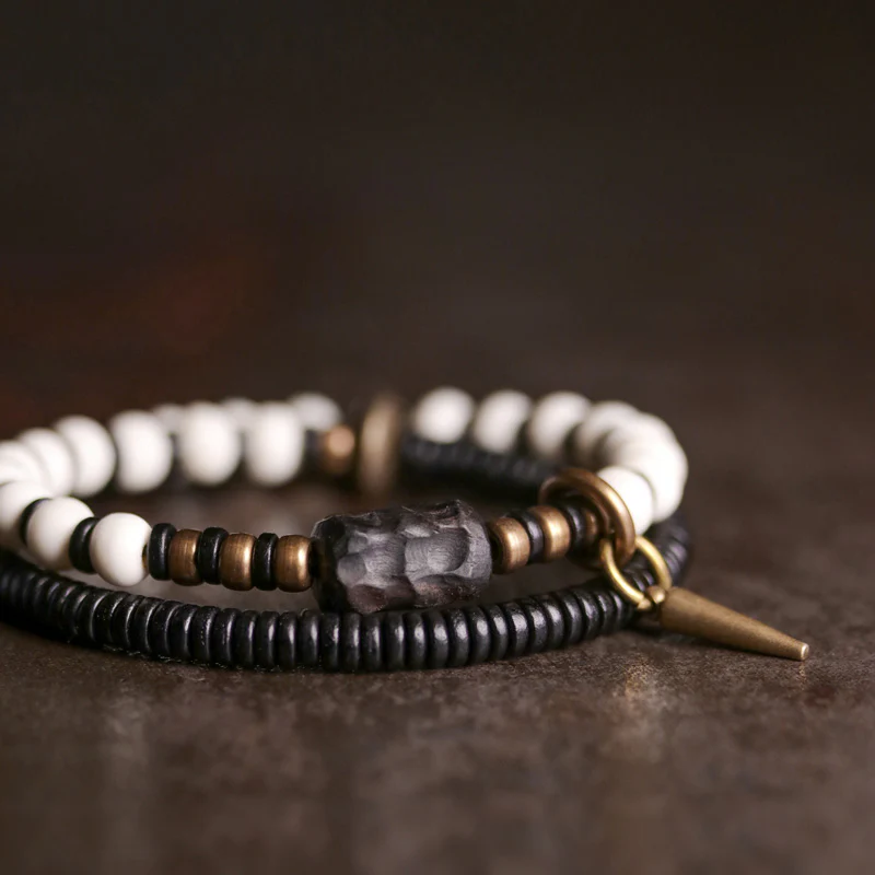 Buddha Stones Bone Beads Ebony Wood Copper Strength Couple Bracelet