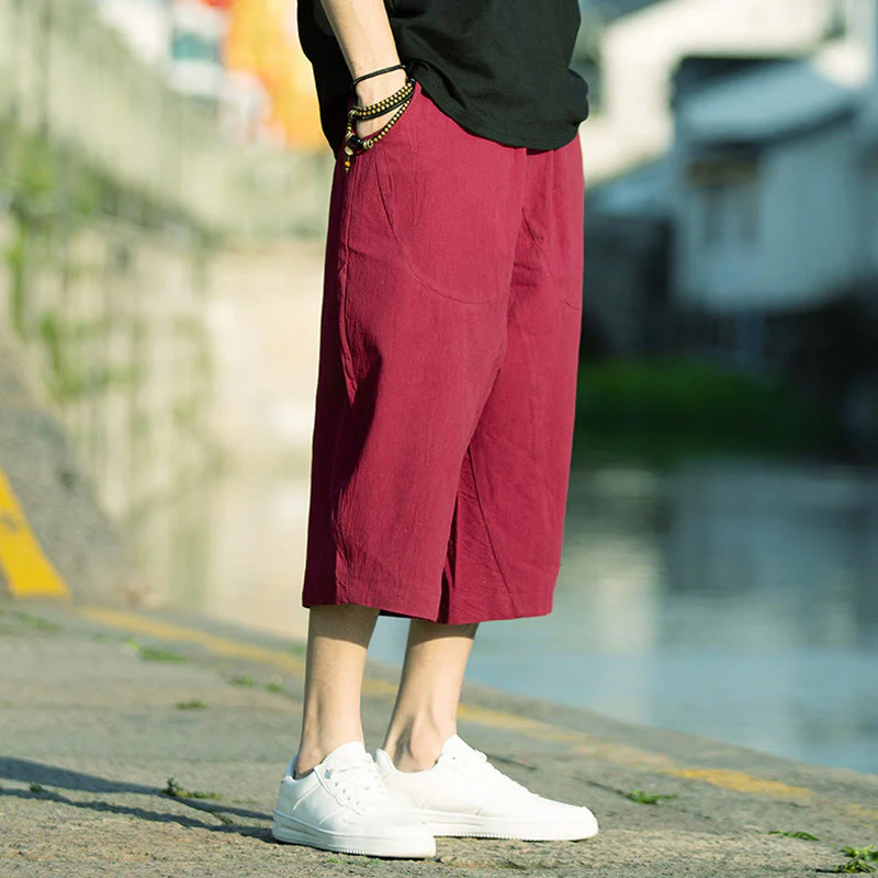 Buddha Stones Summer Plain Pleat Design Drawstring Men's 7-8 Length Cotton Linen Pants With Pockets