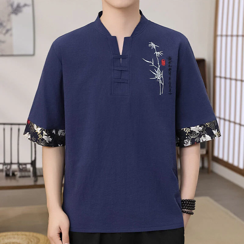 Buddha Stones Summer Embroidery Bamboo Pattern Patchwork Design Men's Half Sleeve Cotton Linen T-Shirt