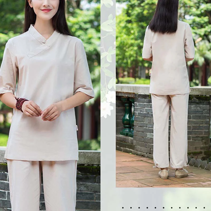 Buddha Stones 2Pcs Half Sleeve V-Neck Shirt Top Pants Meditation Zen Tai Chi Linen Clothing Women's Set