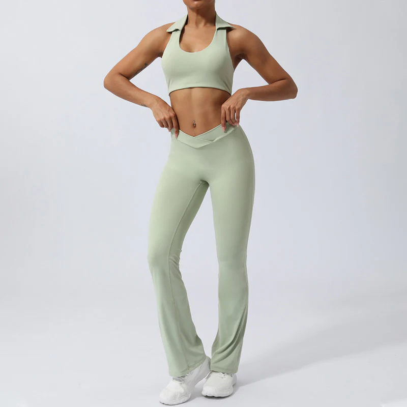 Buddha Stones 2Pcs Workout Sleeveless Backless Top Shorts Flared Pants Sports Fitness Yoga Outfit Set