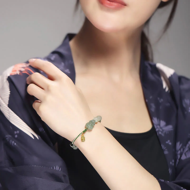 Buddha Stones Natural Hetian Jade PiXiu Luck Fu Character String Bracelet