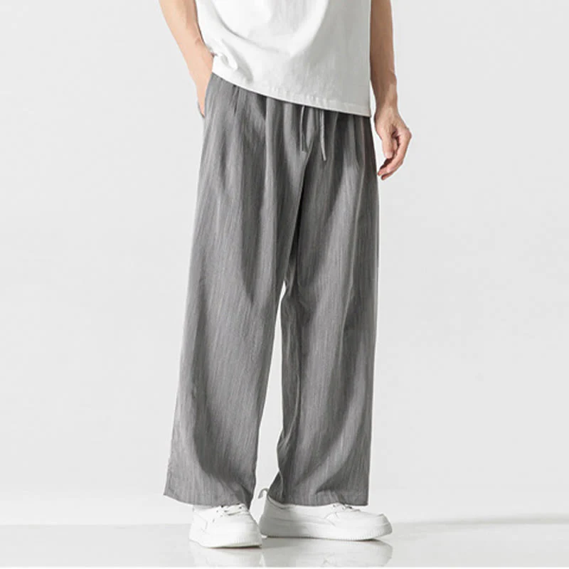 Buddha Stones Summer Casual Plain Straight Leg Design Men's Cotton Linen Drawstring Pants With Pockets