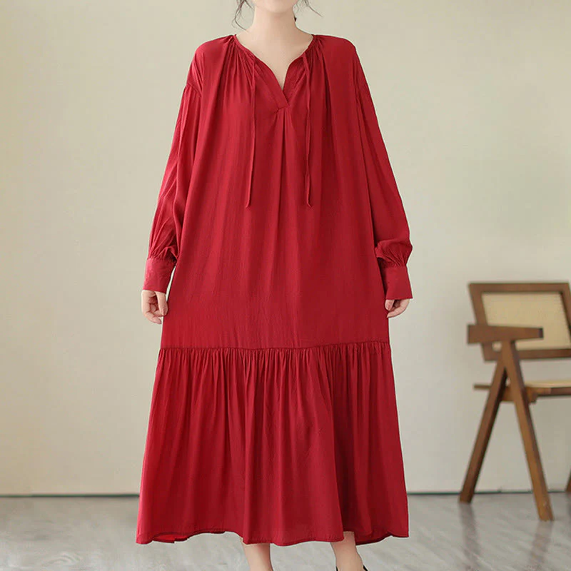 Buddha Stones Casual Plain Two-sided Style Dress Chiffon Midi Dress With Pockets