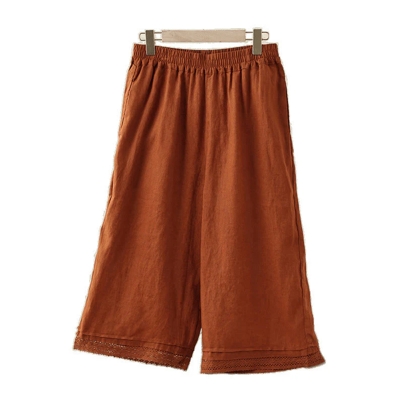 Buddha Stones Commute Retro Plain Lace Patchwork Design 7-8 Length Women's Wide Leg Cotton Pants With Pockets