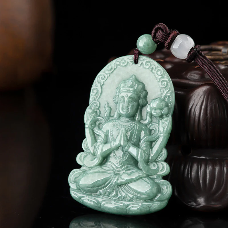 Buddha Stones Four-armed Avalokitesvara Natural Jade Amulet Blessing String Necklace