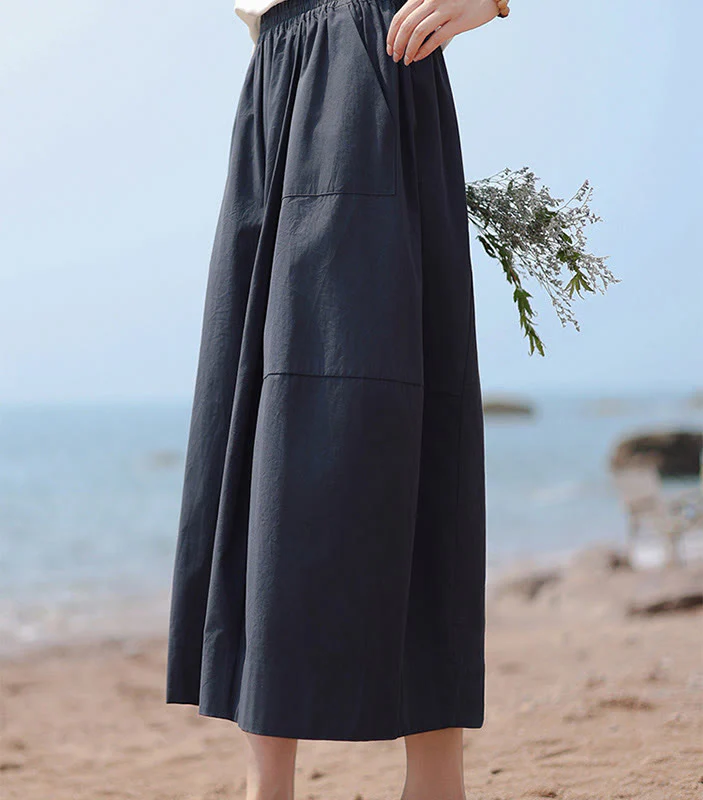 Buddha Stones Casual Plain Cotton High Waist Women's Wide Leg Capri Cropped Pants With Pockets