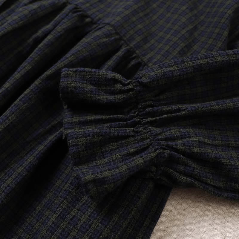 Buddha Stones Casual Plaid Simple Buttons Ruffled Design Cotton Linen Midi Dress With Pockets