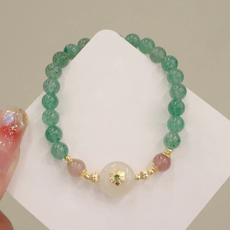 Buddha Stones Natural Green Strawberry Quartz Chalcedony Flower Gratitude Bracelet