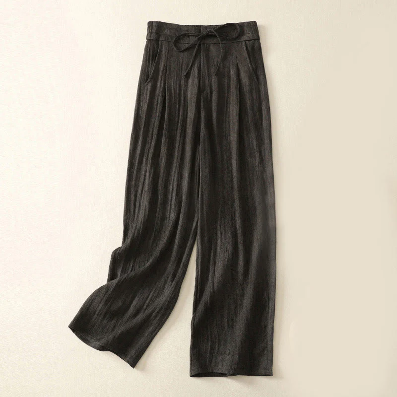 Buddha Stones Summer Plain Drawstring Zipper Design Women's Wide Leg Cotton Pants With Pockets