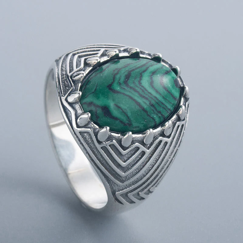 Buddha Stones Oval Vintage 925 Sterling Silver Malachite Bead Calmness Ring