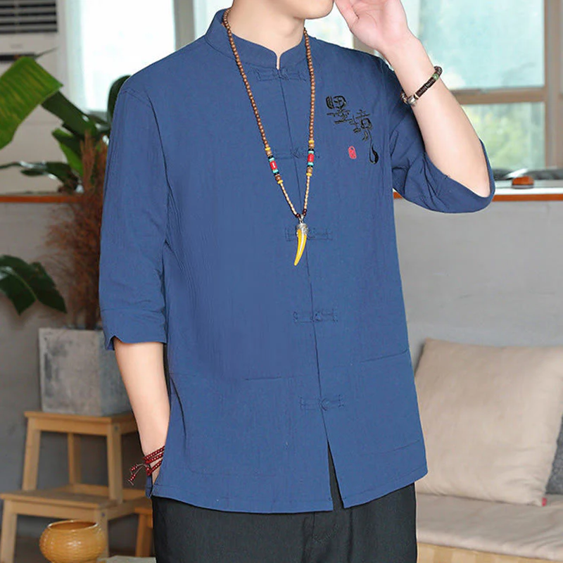 Buddha Stones Frog-Button Chinese Tang Suit Three Quarter Sleeve Cotton Linen Men's Shirt